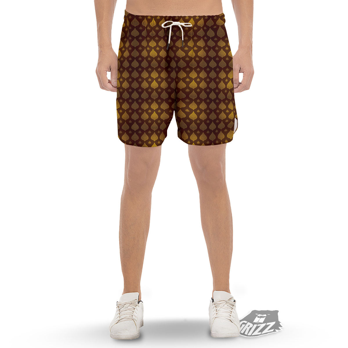 Thai Art Brown And Gold Print Pattern Men's Gym Shorts-grizzshop
