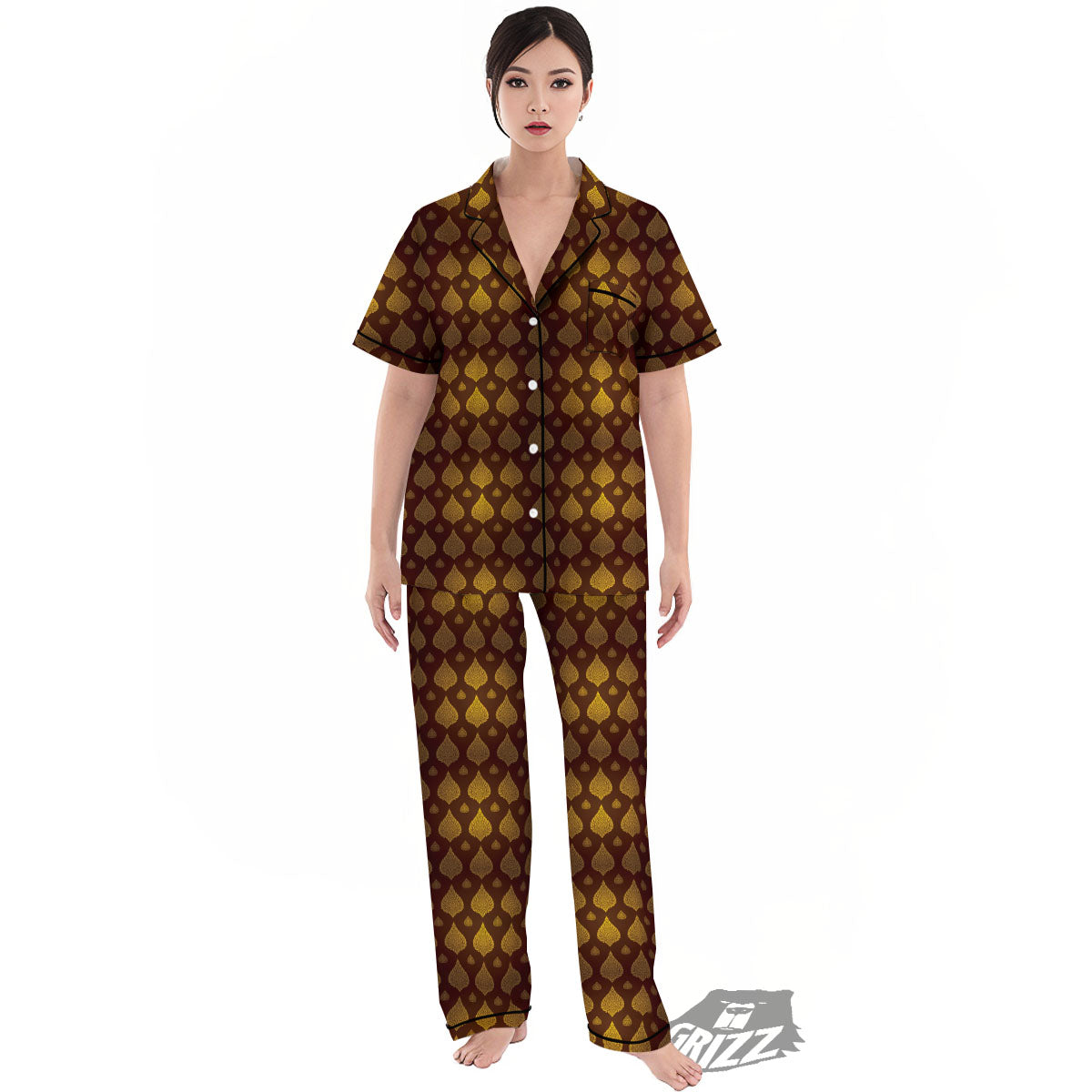 Thai Art Brown And Gold Print Pattern Women's Pajamas Set-grizzshop