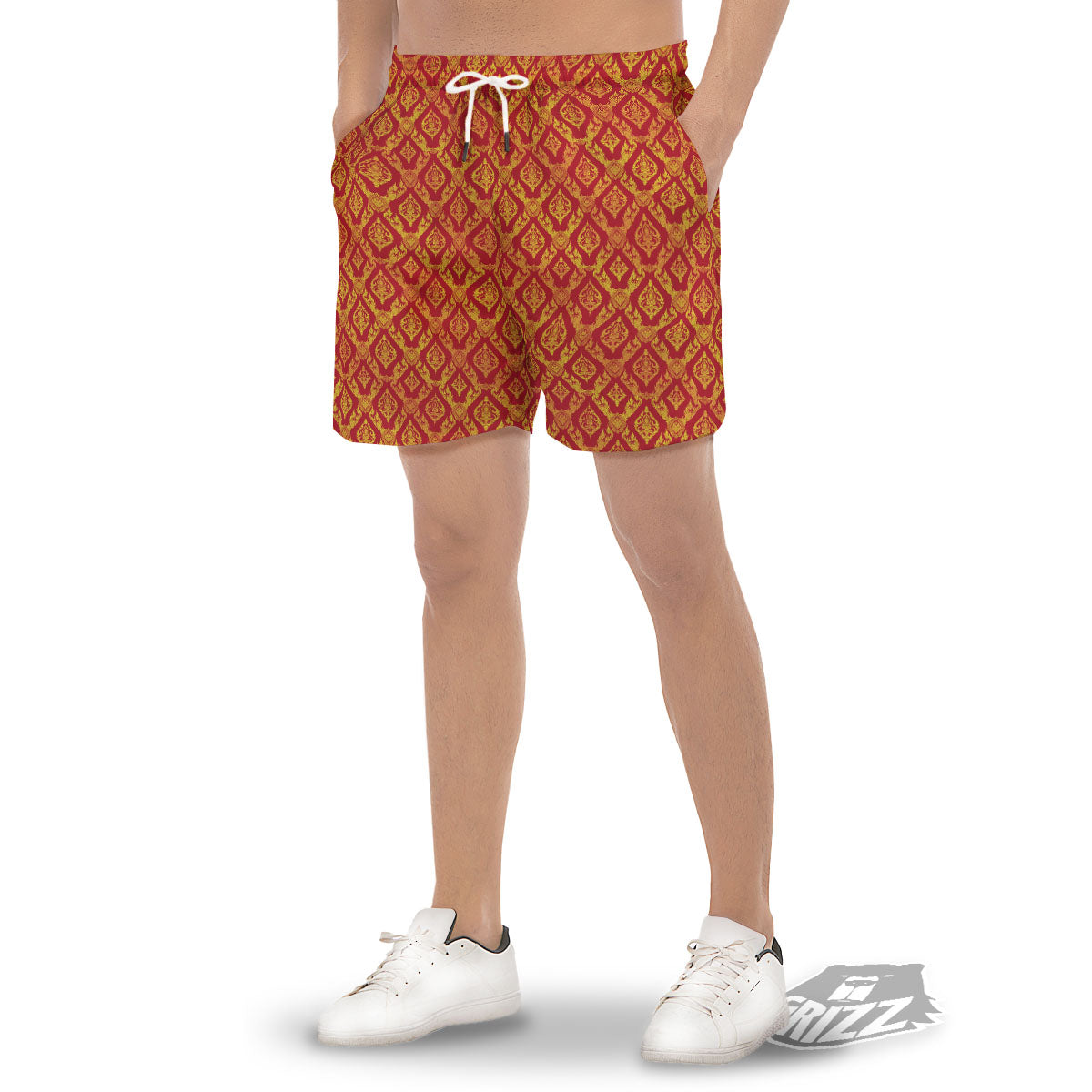 Thai Art Red And Gold Print Pattern Men's Gym Shorts-grizzshop