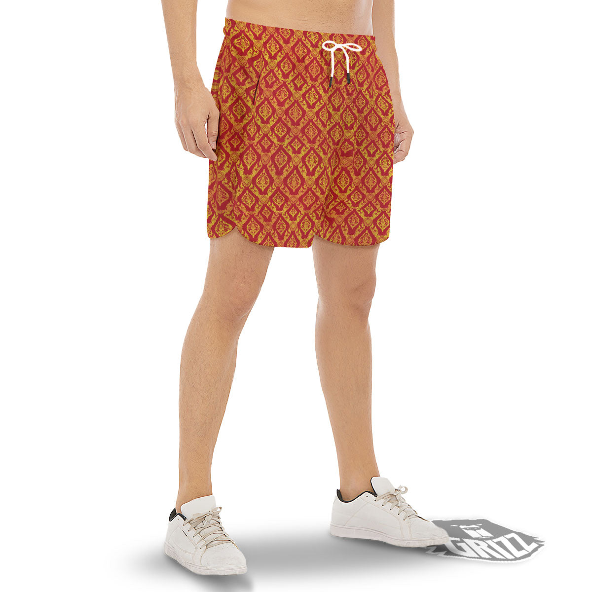 Thai Art Red And Gold Print Pattern Men's Gym Shorts-grizzshop
