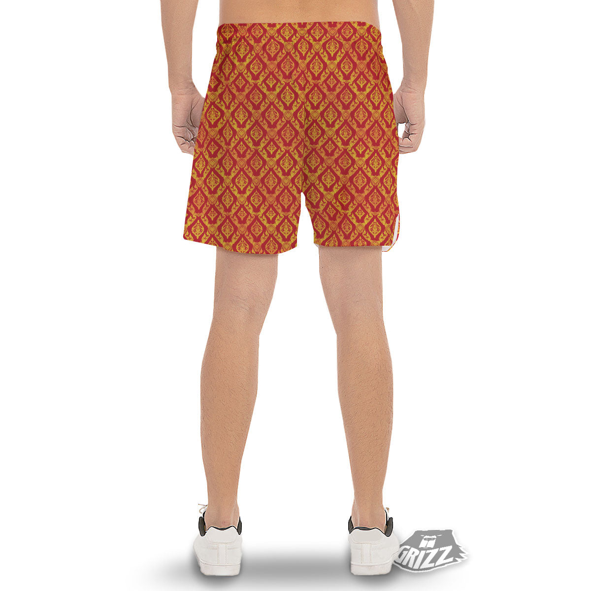 Thai Art Red And Gold Print Pattern Men's Gym Shorts-grizzshop