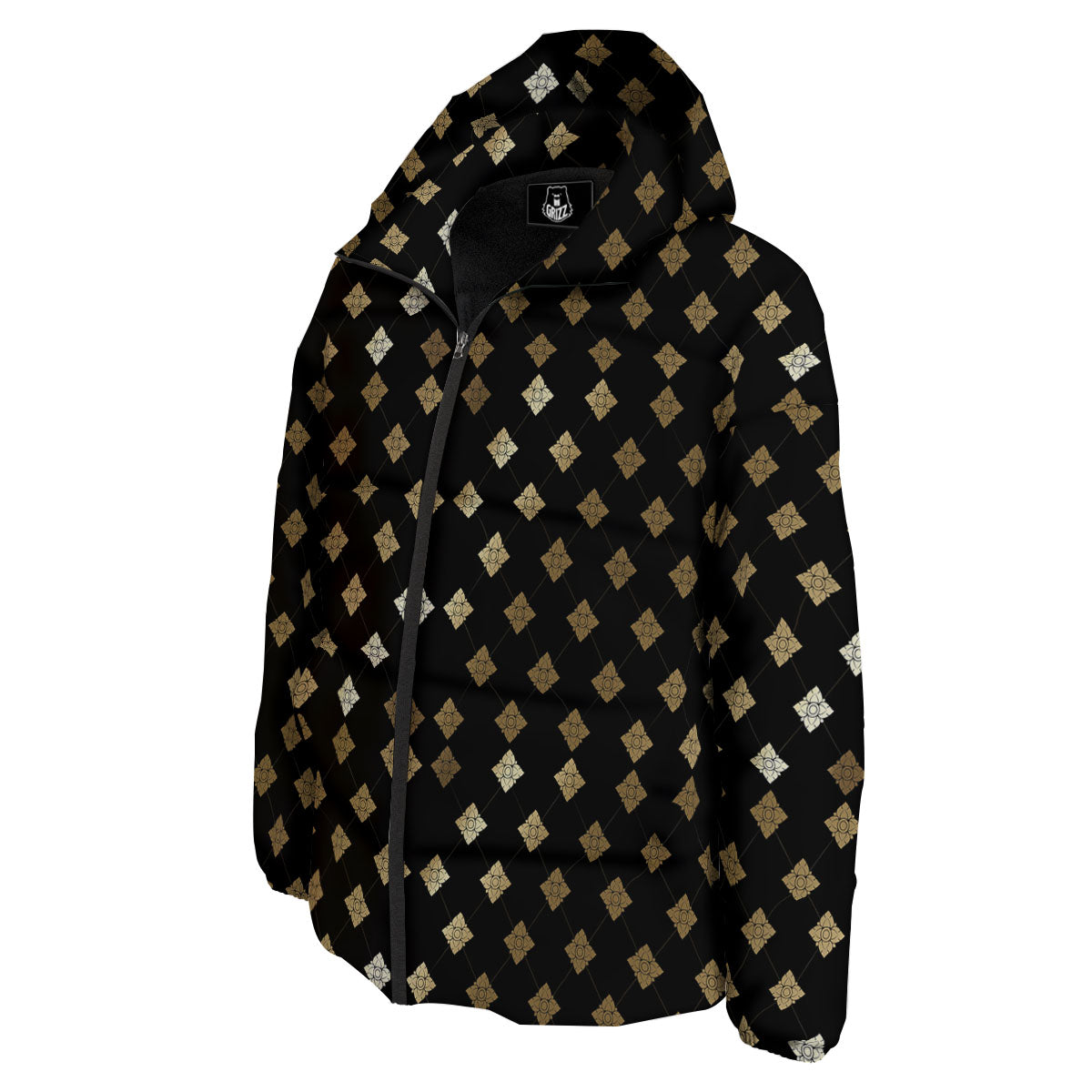 Thai Black And Gold Print Pattern Down Jacket-grizzshop