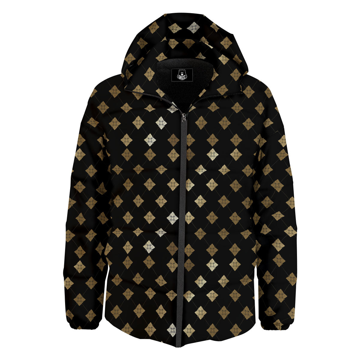Thai Black And Gold Print Pattern Down Jacket-grizzshop