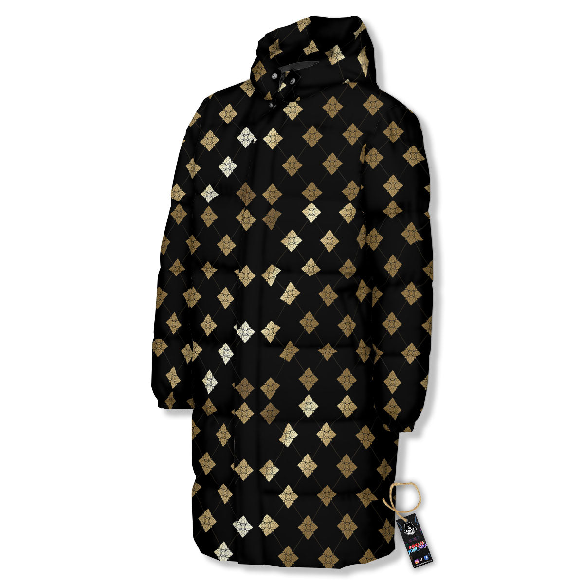 Thai Black And Gold Print Pattern Long Down Jacket-grizzshop