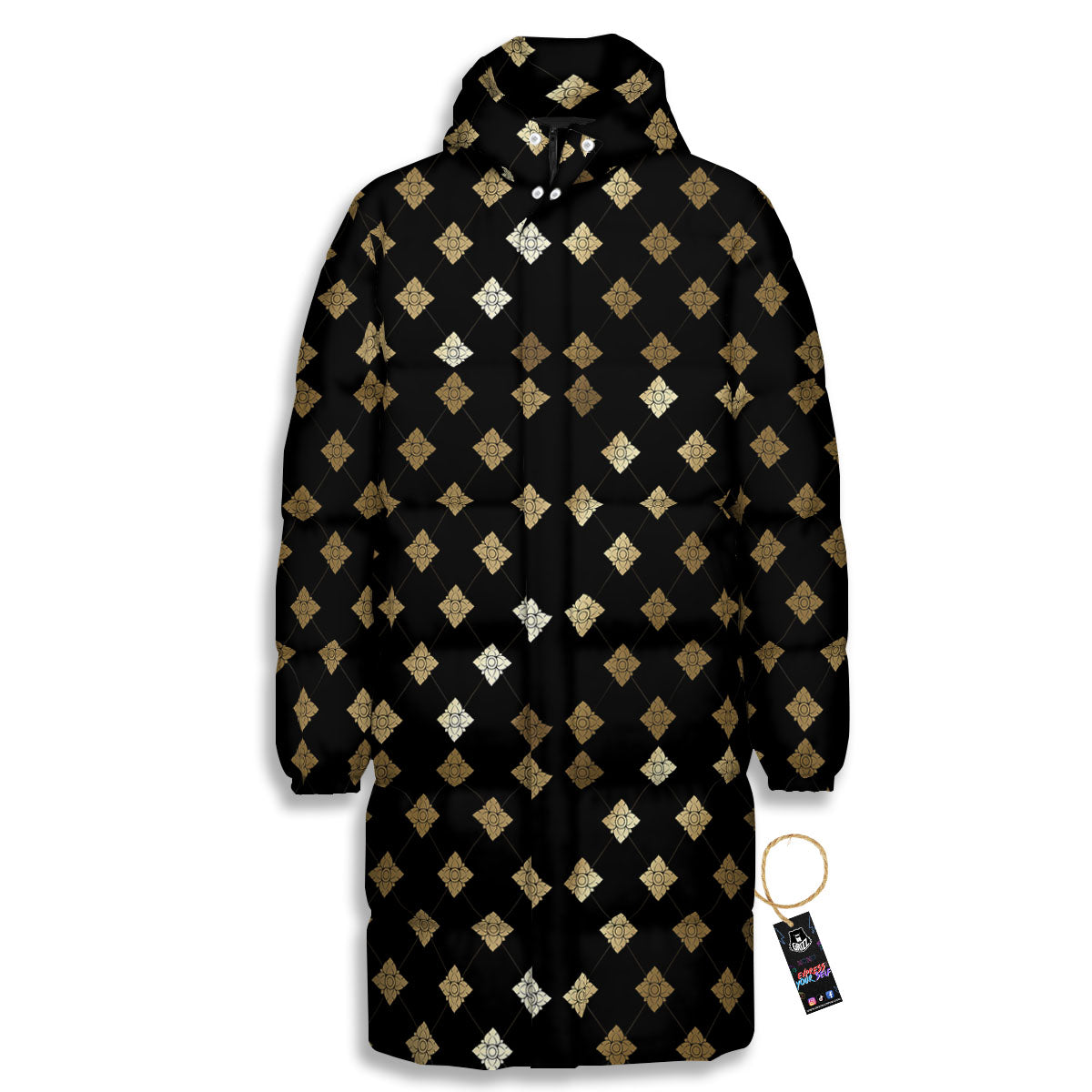 Thai Black And Gold Print Pattern Long Down Jacket-grizzshop
