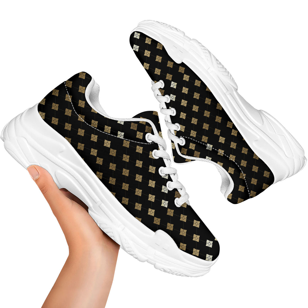 Thai Black And Gold Print Pattern White Chunky Shoes-grizzshop
