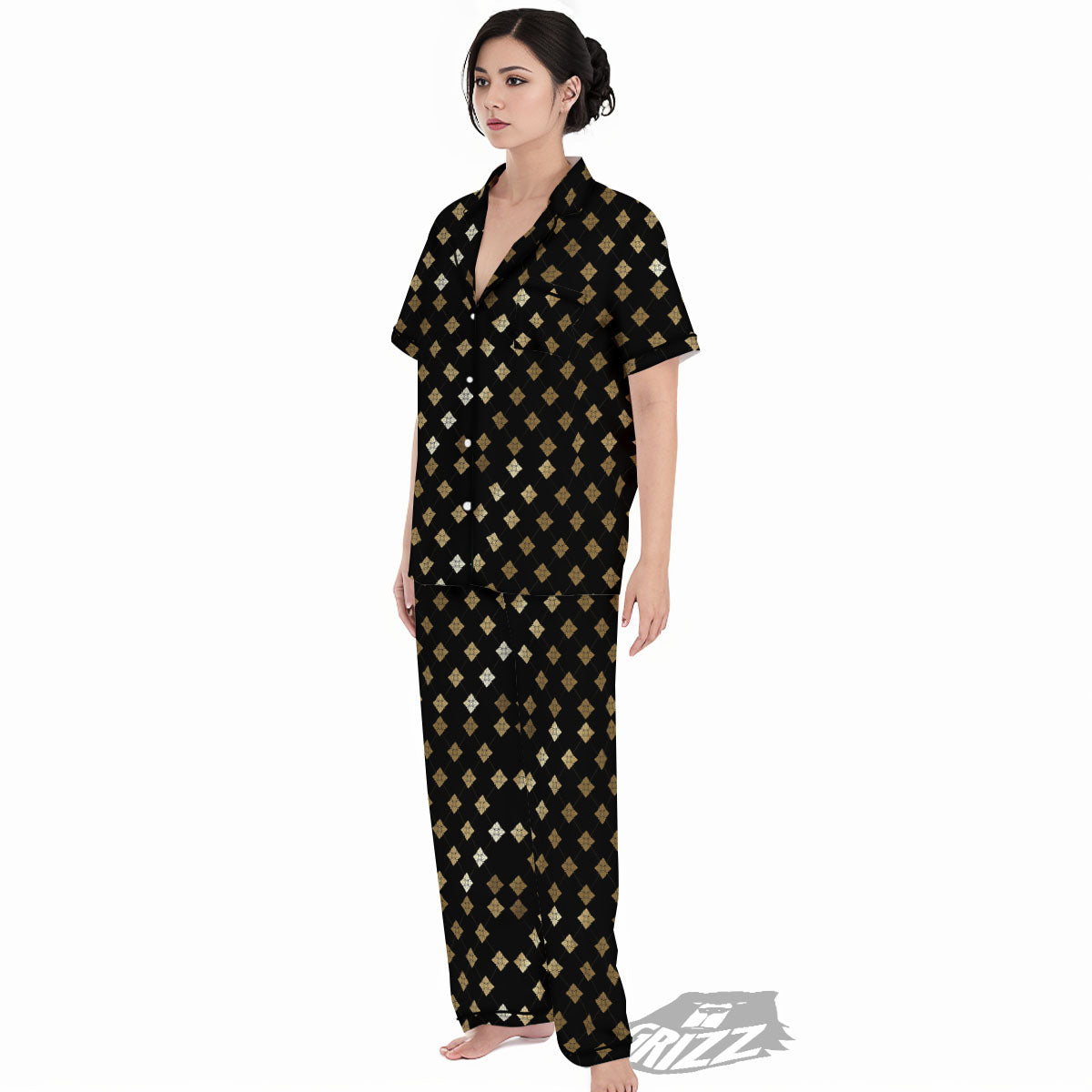 Thai Black And Gold Print Pattern Women's Pajamas Set-grizzshop