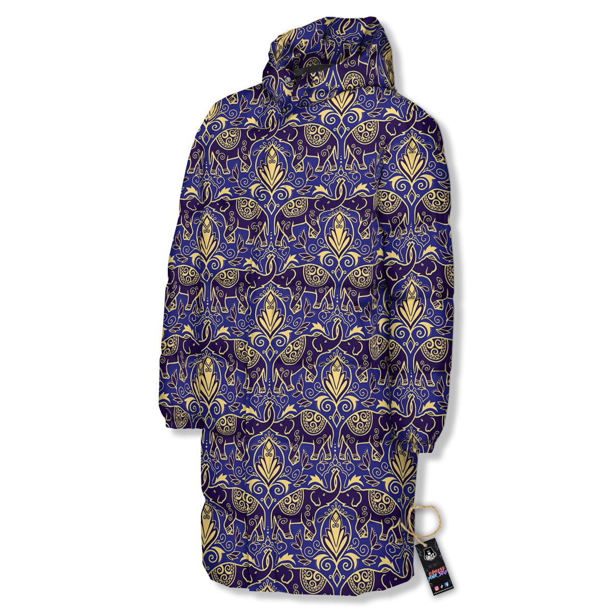 Thai Ethnic Elephant Print Pattern Long Down Jacket-grizzshop