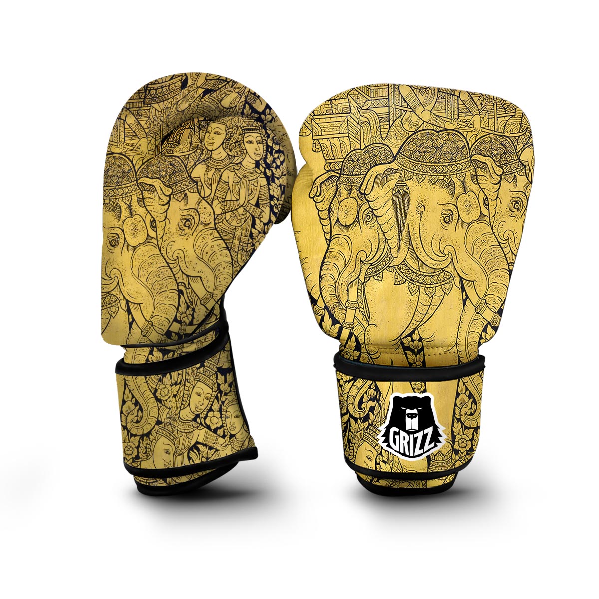 Thai Golden Elephant Print Boxing Gloves-grizzshop