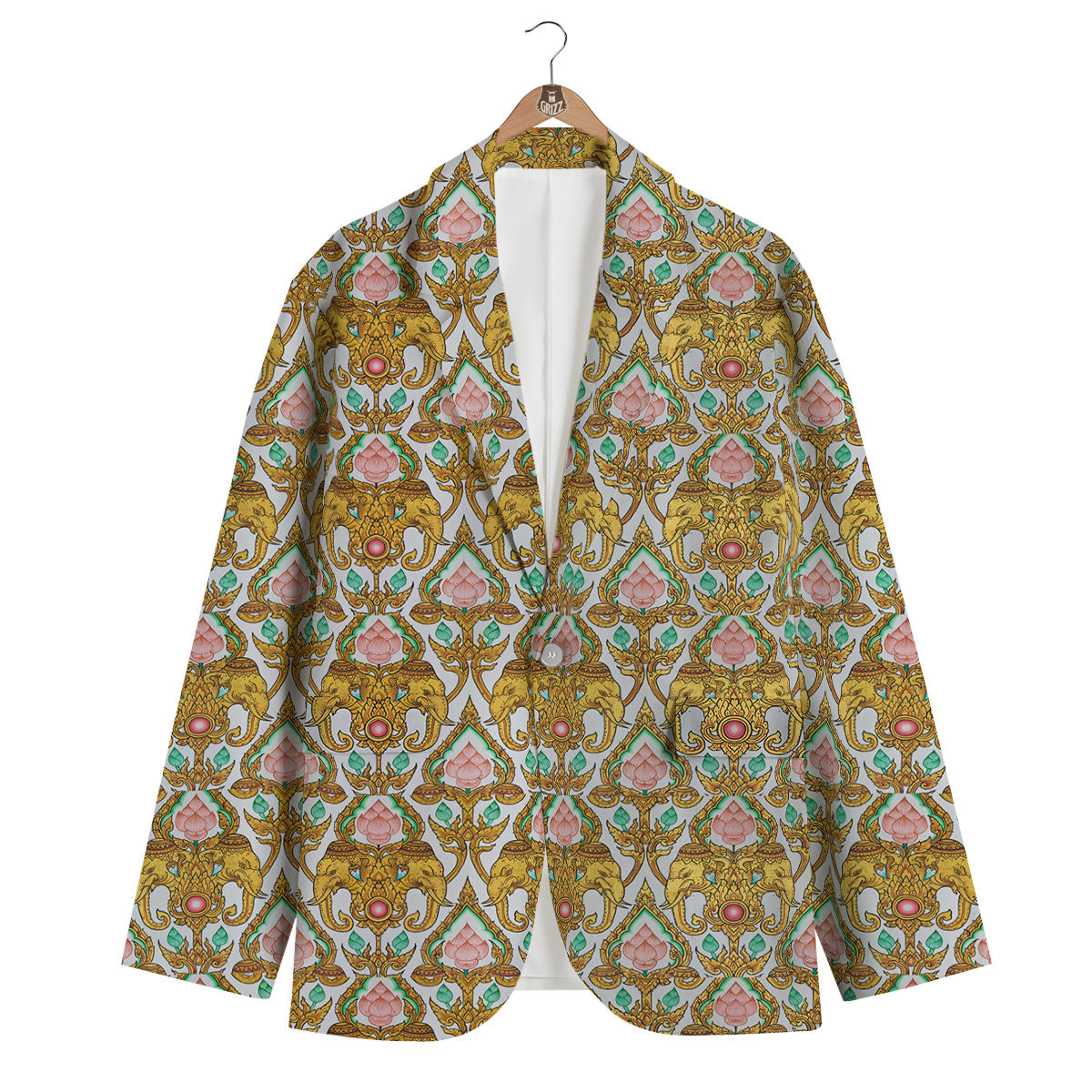 Thai Lotus Elephant Print Men's Blazer-grizzshop