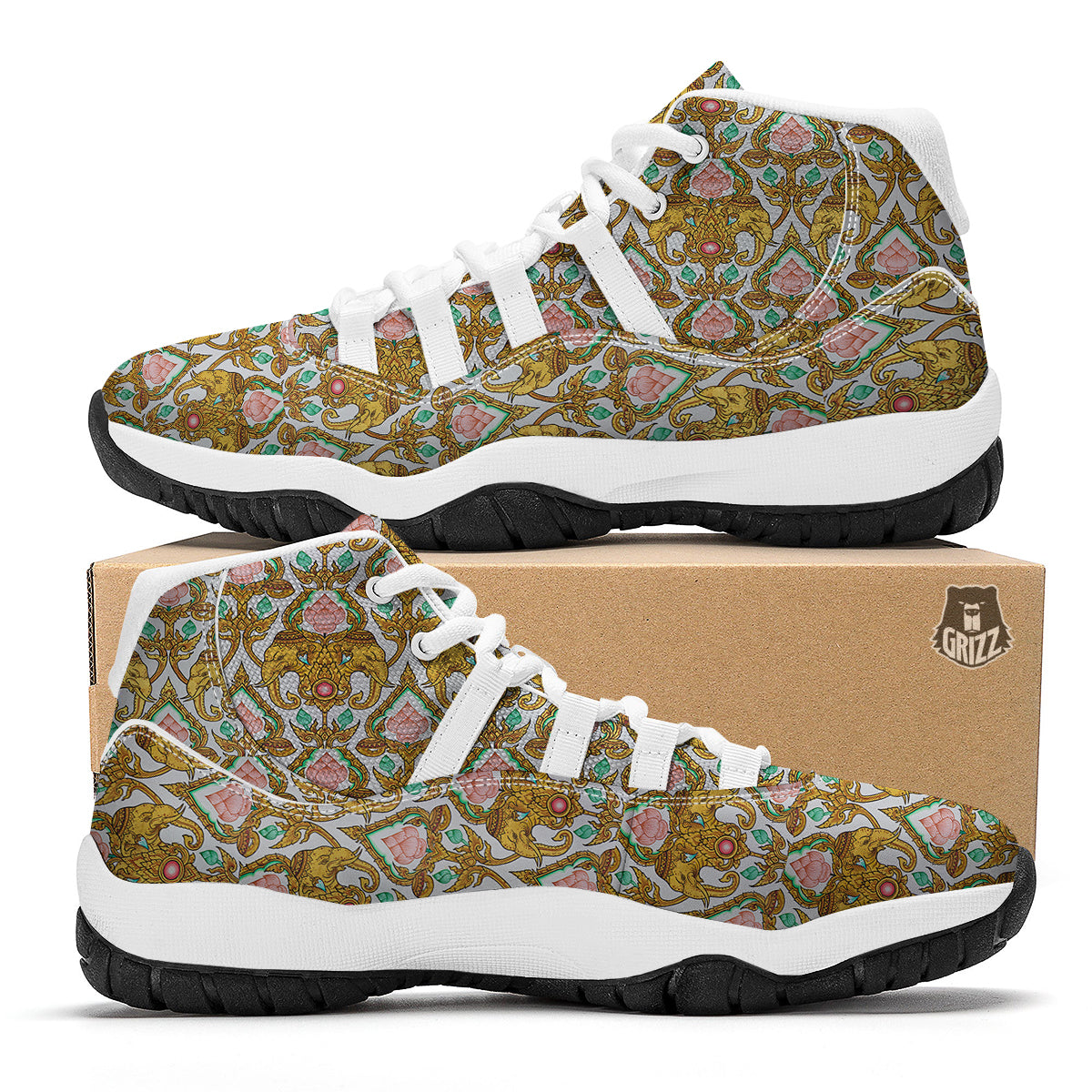 Thai Lotus Elephant Print White Bball Shoes-grizzshop