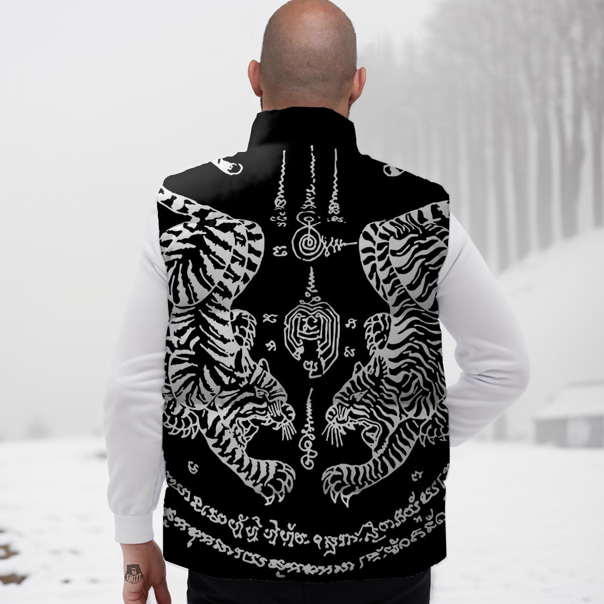 Thai Tattoo White And Black Print Down Vest