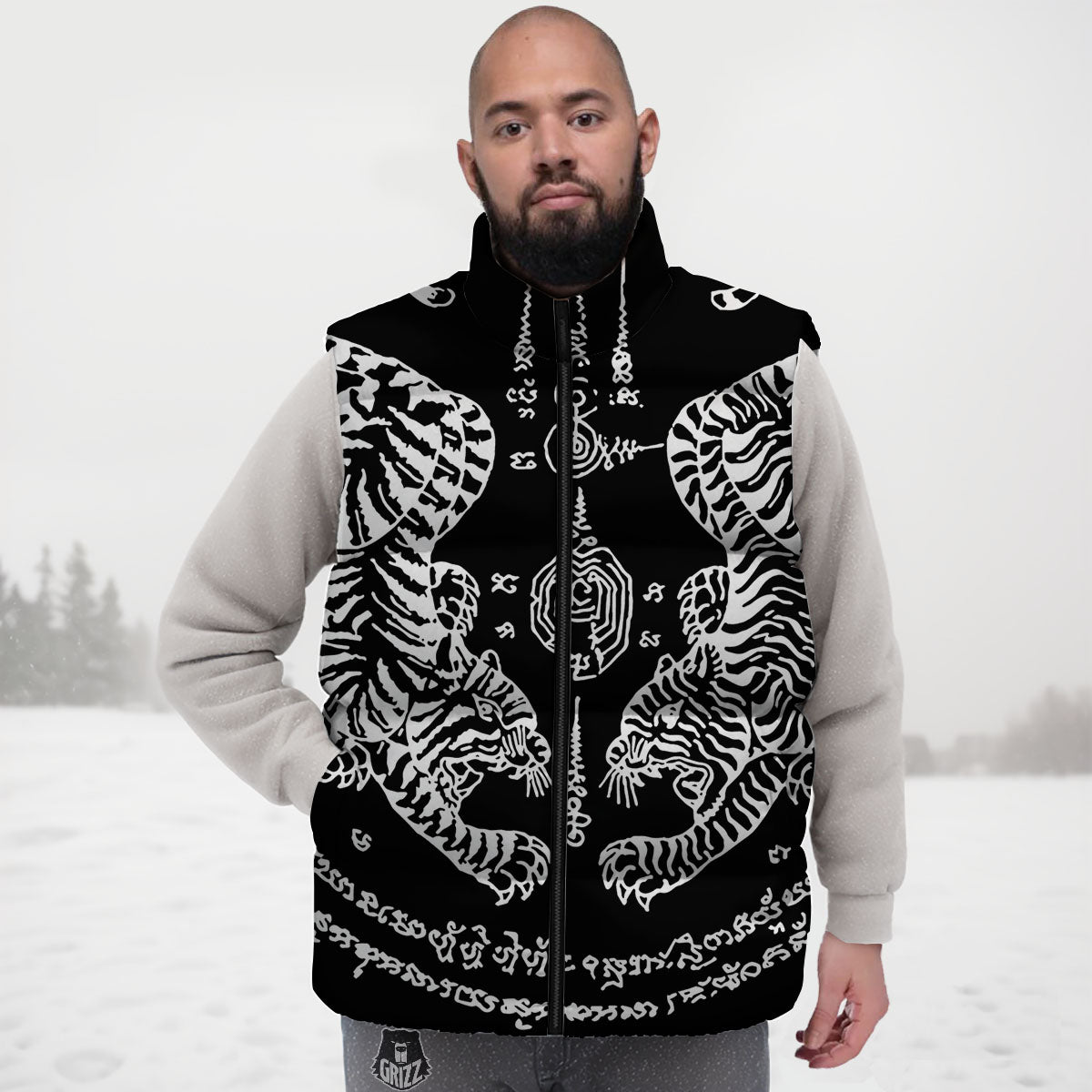 Thai Tattoo White And Black Print Down Vest