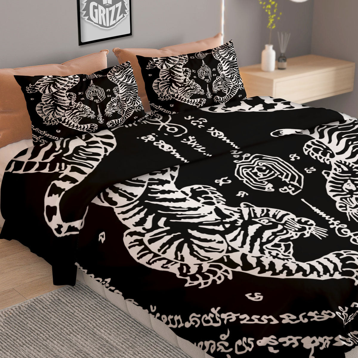 Thai Tattoo White And Black Print Duvet Cover Bedding Set