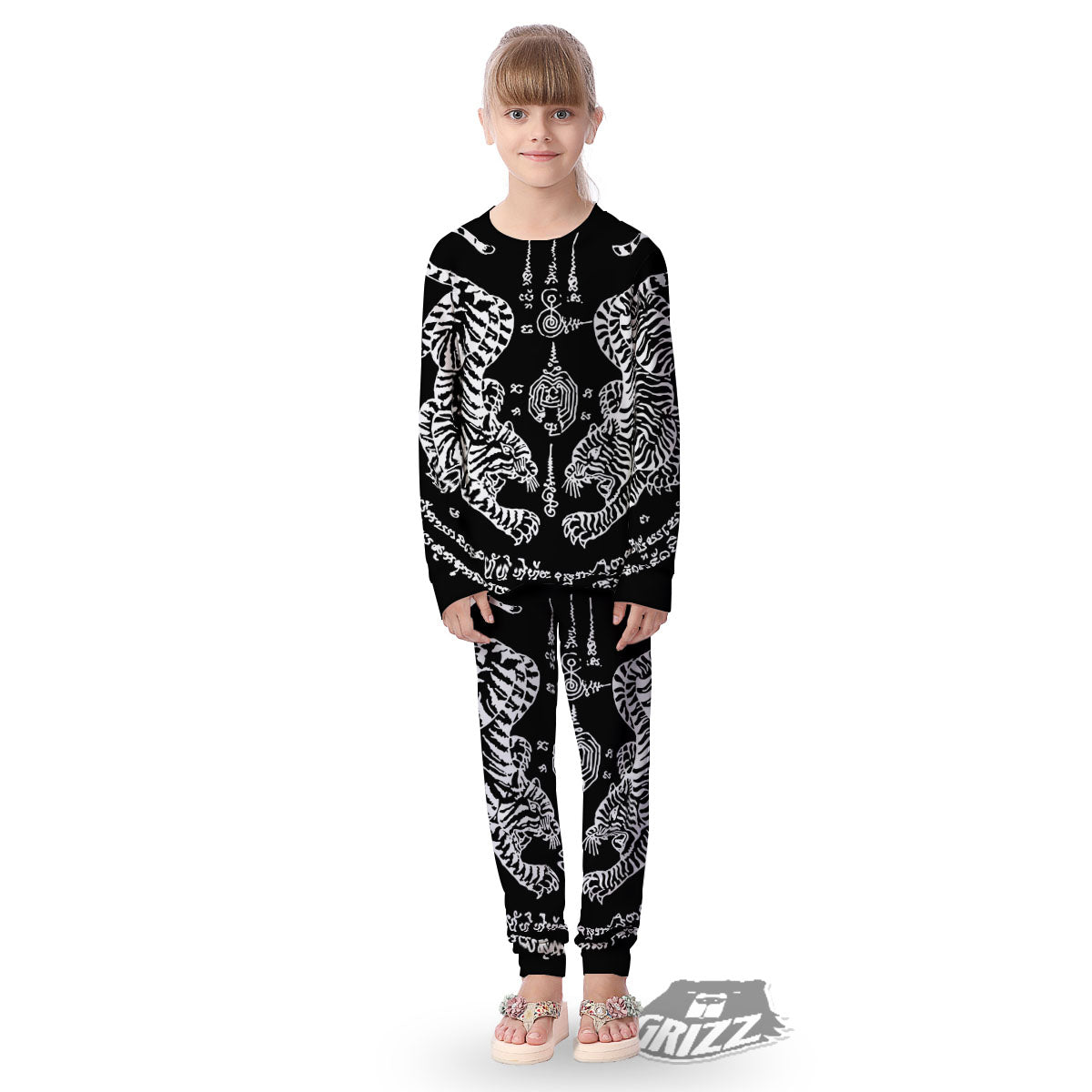 Thai Tattoo White And Black Print Kid's Pajamas-grizzshop