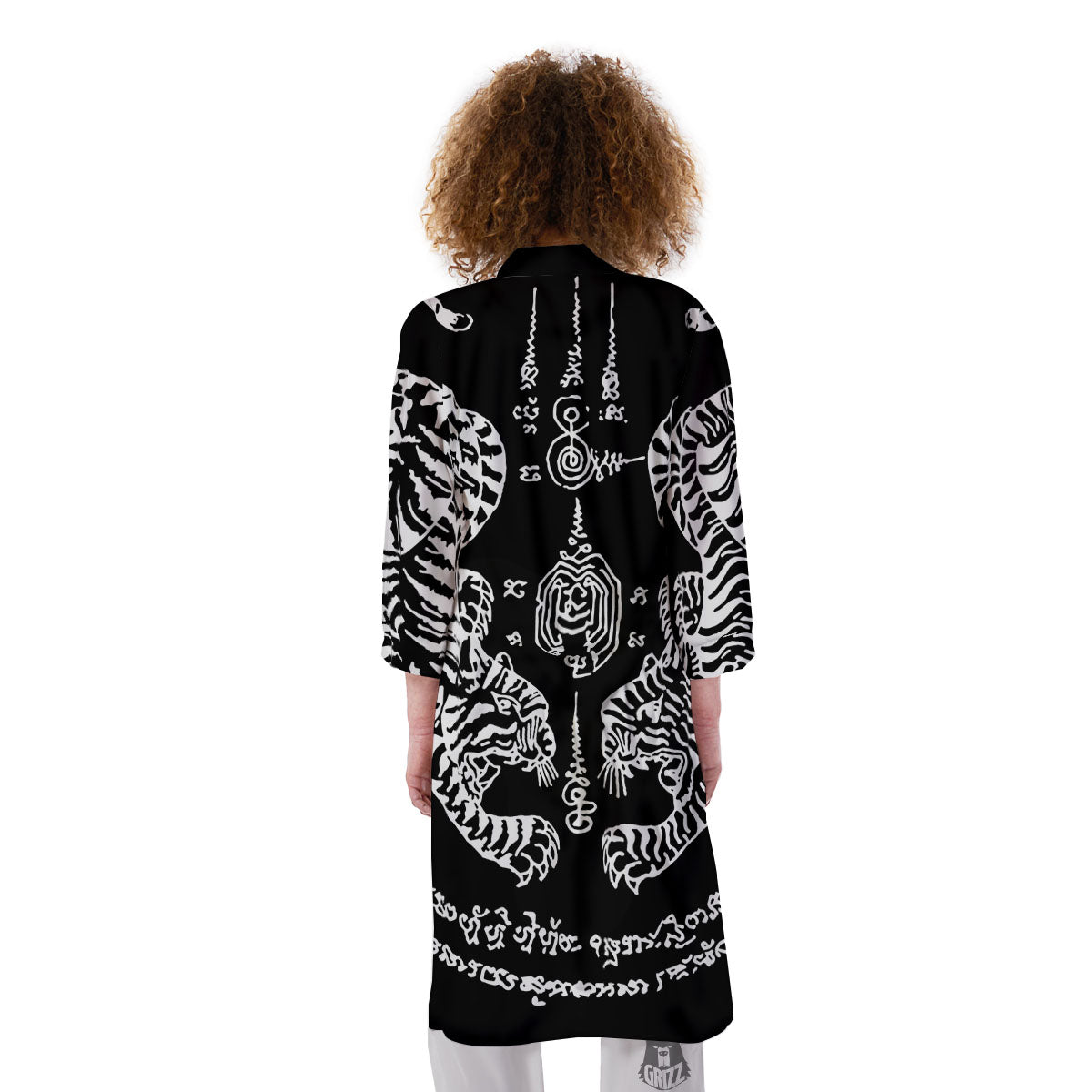 Thai Tattoo White And Black Print Kimono-grizzshop