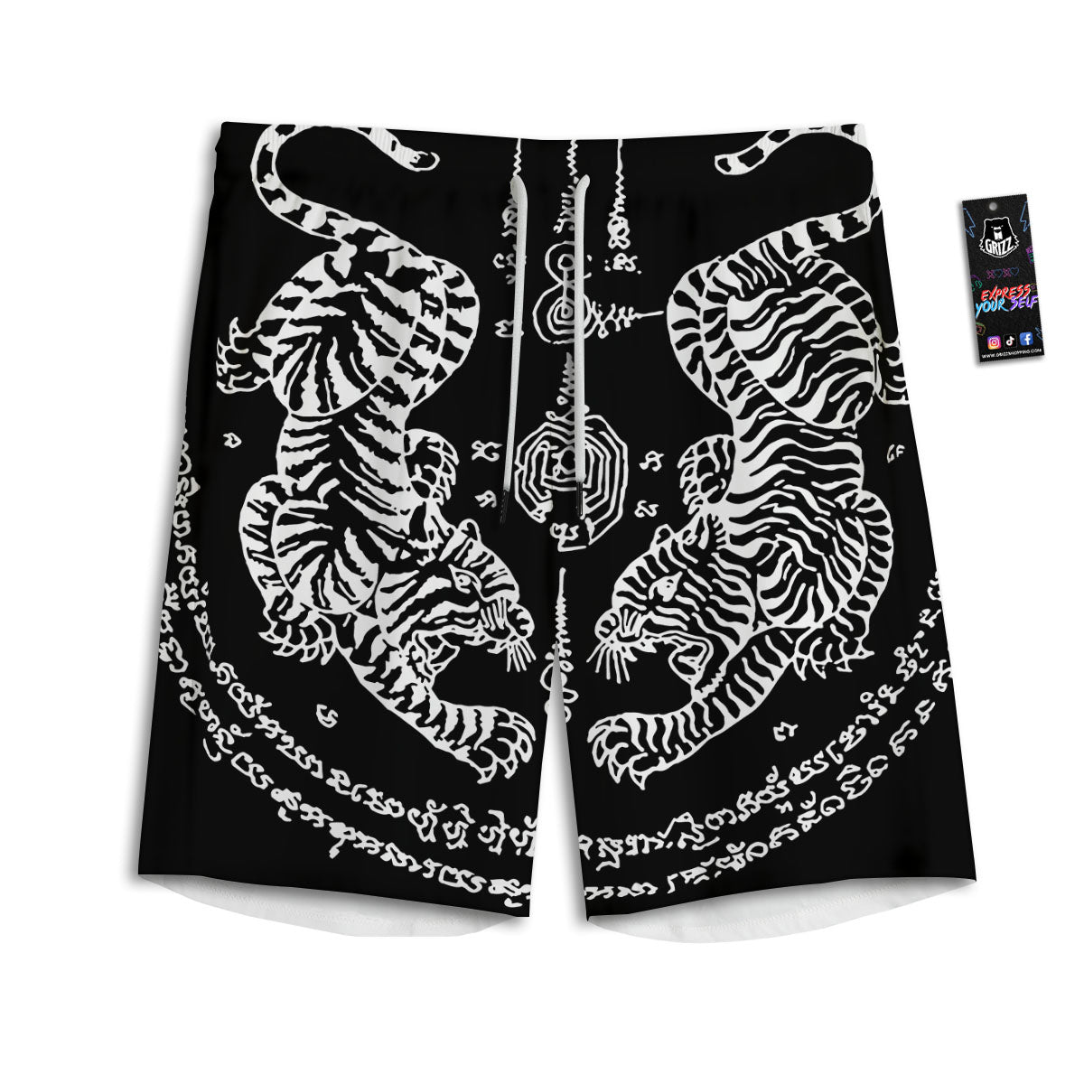 Thai Tattoo White And Black Print Men's Athletic Shorts