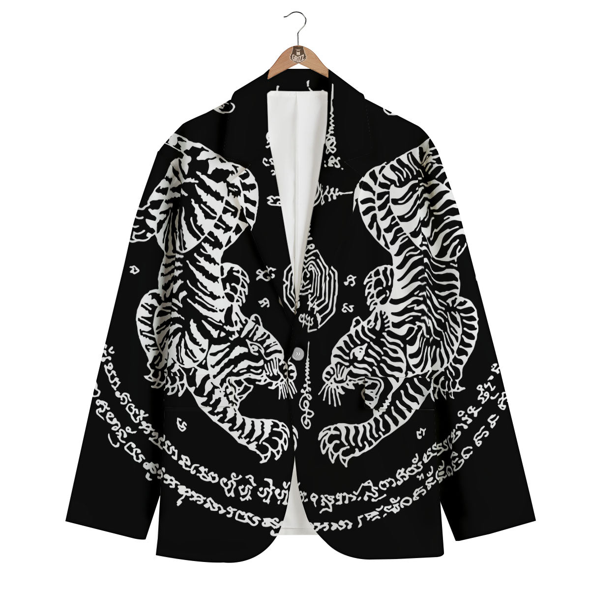 Thai Tattoo White And Black Print Men's Blazer-grizzshop