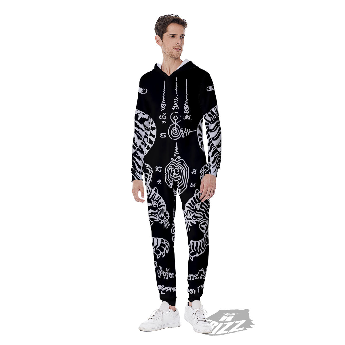 Thai Tattoo White And Black Print Men's Jumpsuit-grizzshop