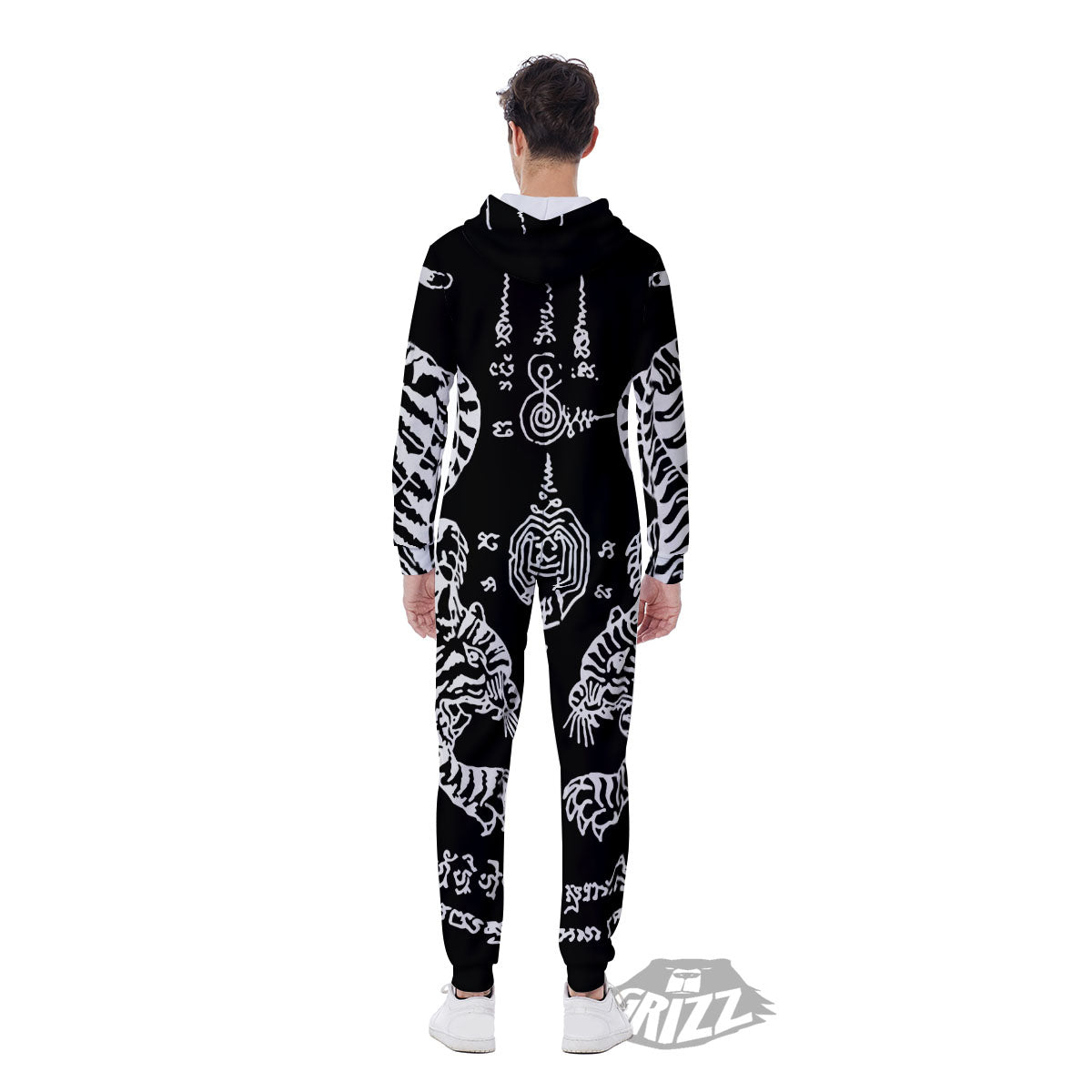 Thai Tattoo White And Black Print Men's Jumpsuit-grizzshop
