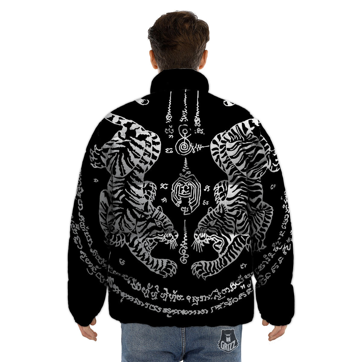 Thai Tattoo White And Black Print Puffer Jacket-grizzshop