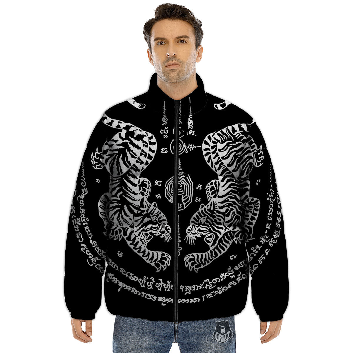 Thai Tattoo White And Black Print Puffer Jacket-grizzshop
