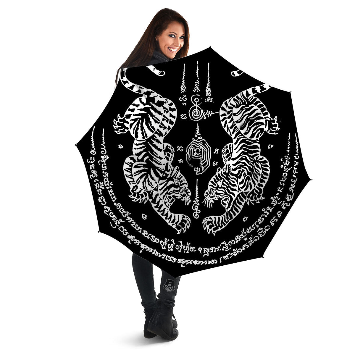Thai Tattoo White And Black Print Umbrella-grizzshop
