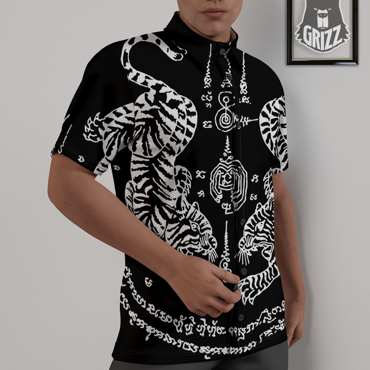 Thai Tattoo White And Black Print Untucked Shirts-grizzshop