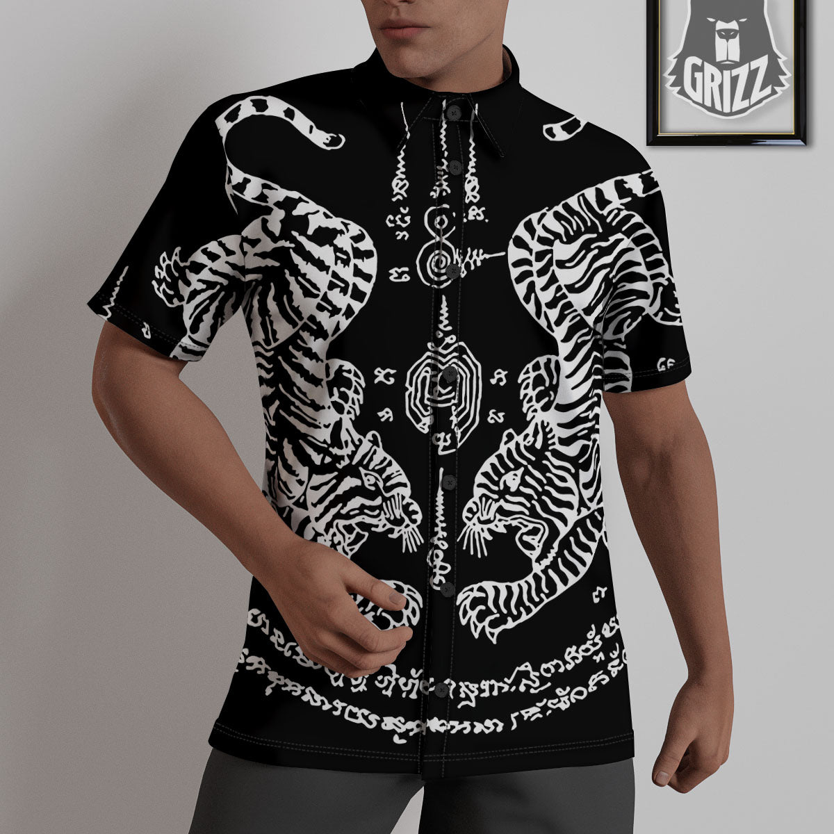 Thai Tattoo White And Black Print Untucked Shirts-grizzshop