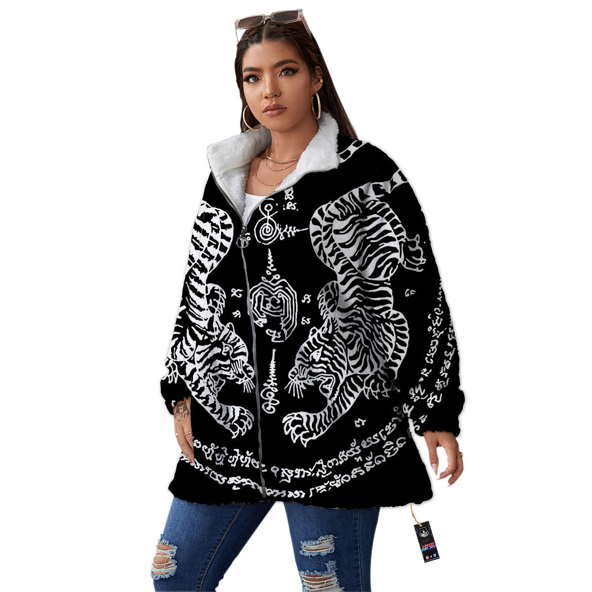 Thai Tattoo White And Black Print Women's Sherpa Jacket-grizzshop