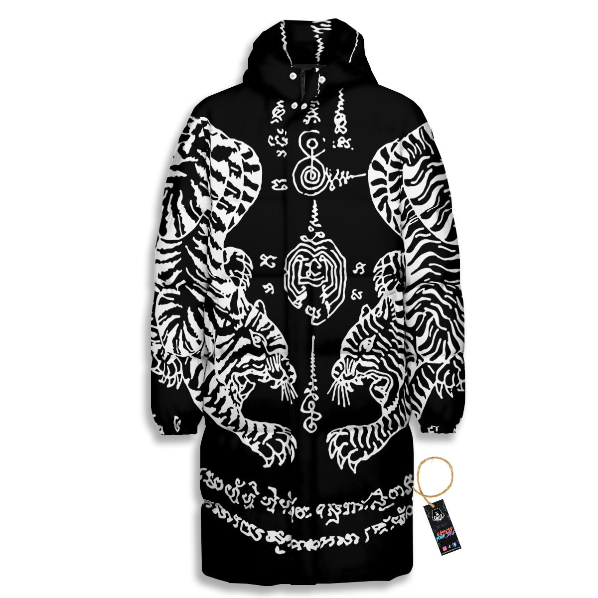 Thai Tattoo White And Black Print Long Down Jacket