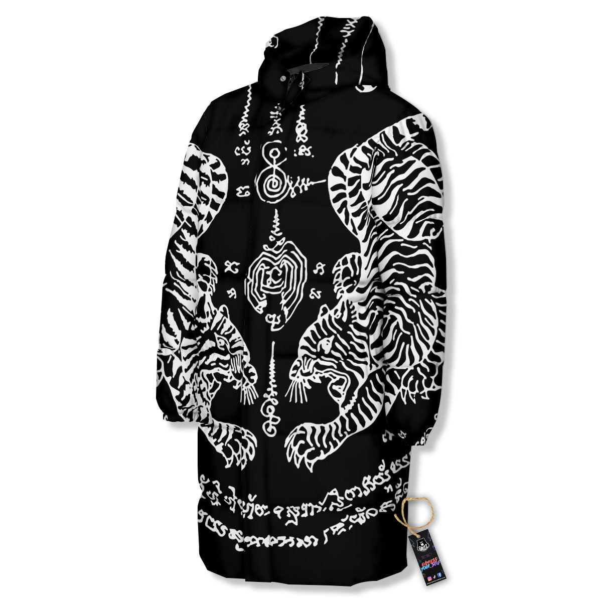 Thai Tattoo White And Black Print Long Down Jacket