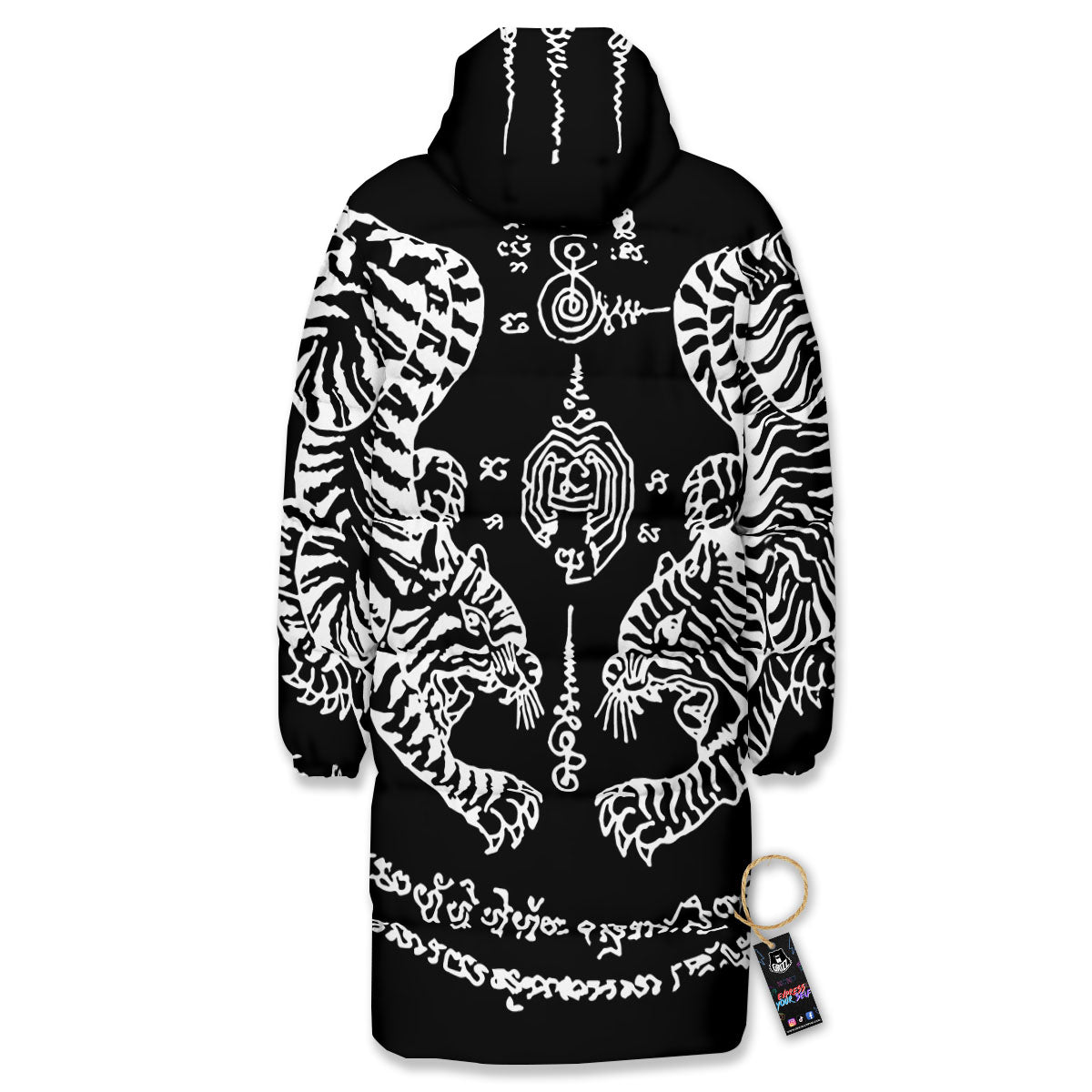 Thai Tattoo White And Black Print Long Down Jacket
