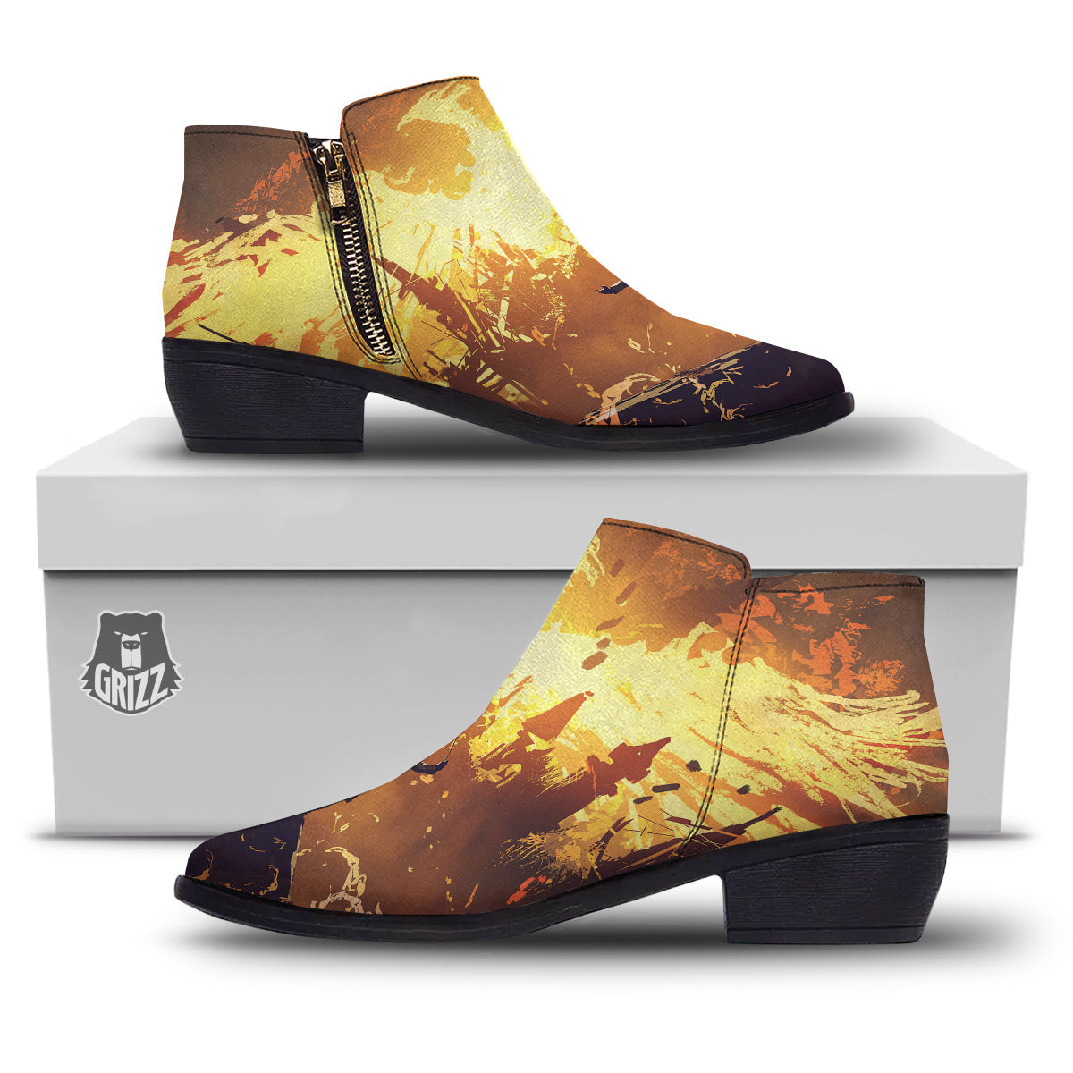 The Man And Phoenix Print Ankle Boots-grizzshop