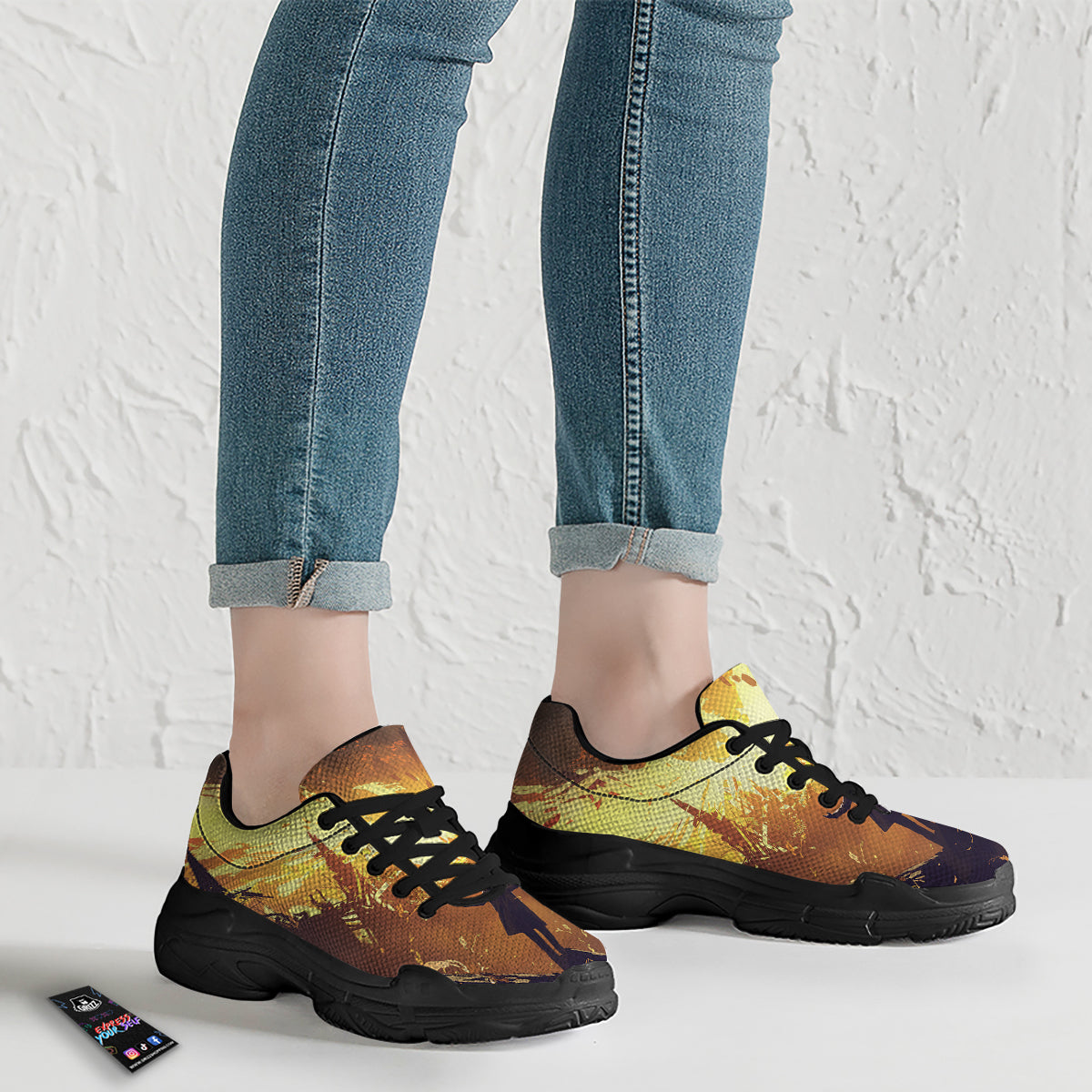 The Man And Phoenix Print Black Chunky Shoes-grizzshop