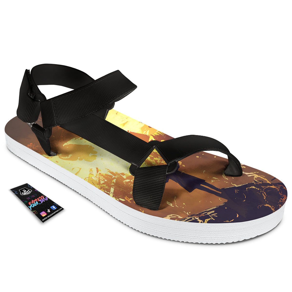 The Man And Phoenix Print Black Open Toe Sandals-grizzshop