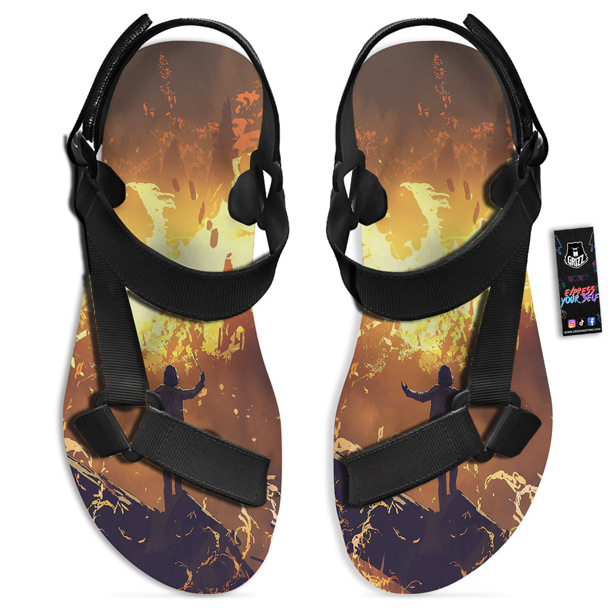 The Man And Phoenix Print Black Open Toe Sandals-grizzshop
