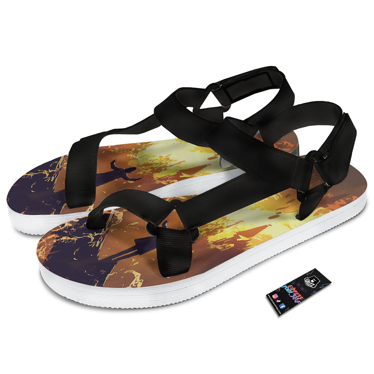 The Man And Phoenix Print Black Open Toe Sandals-grizzshop