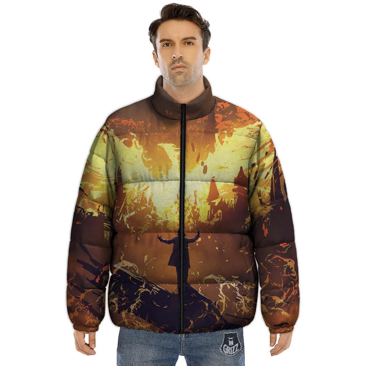 The Man And Phoenix Print Puffer Jacket-grizzshop