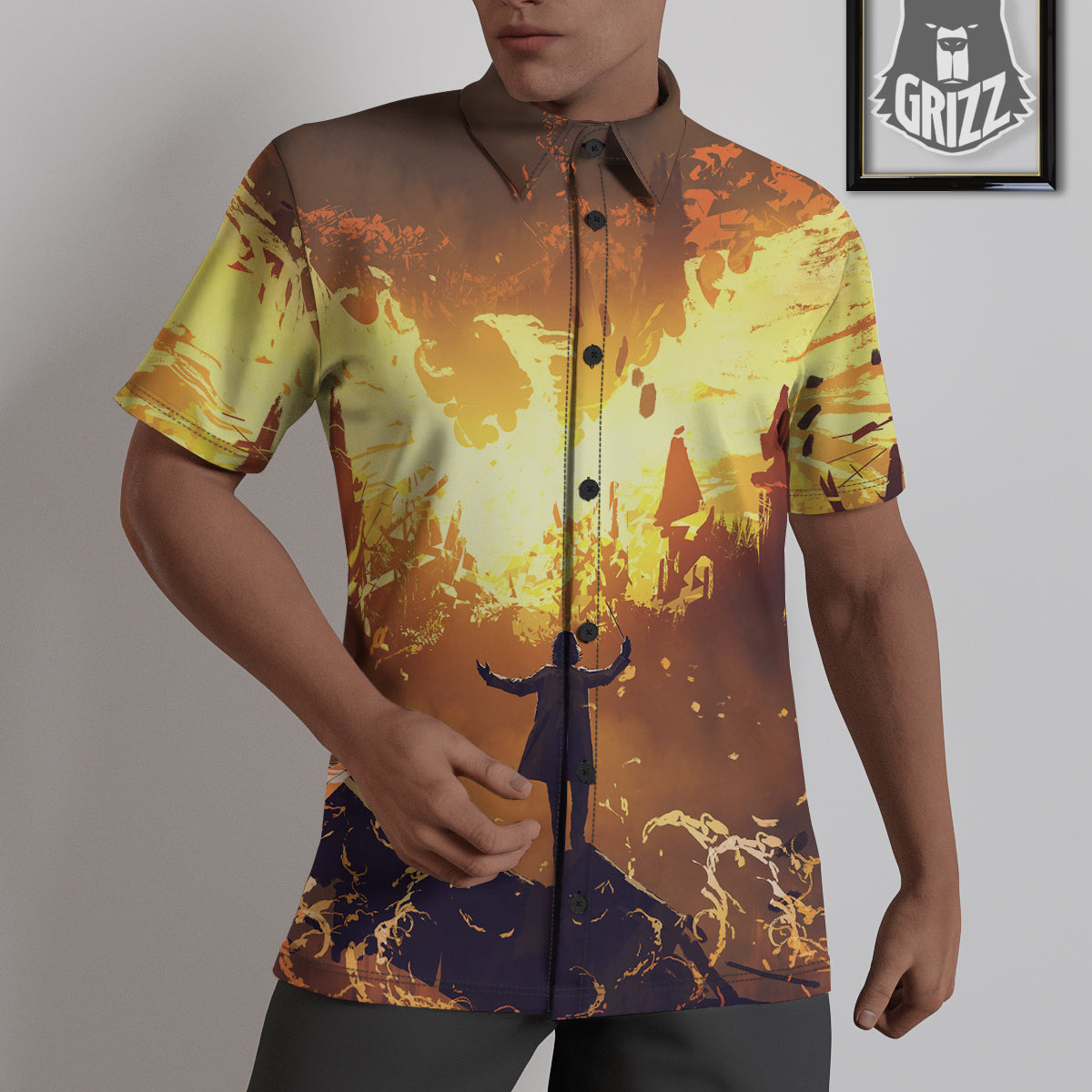The Man And Phoenix Print Untucked Shirts-grizzshop
