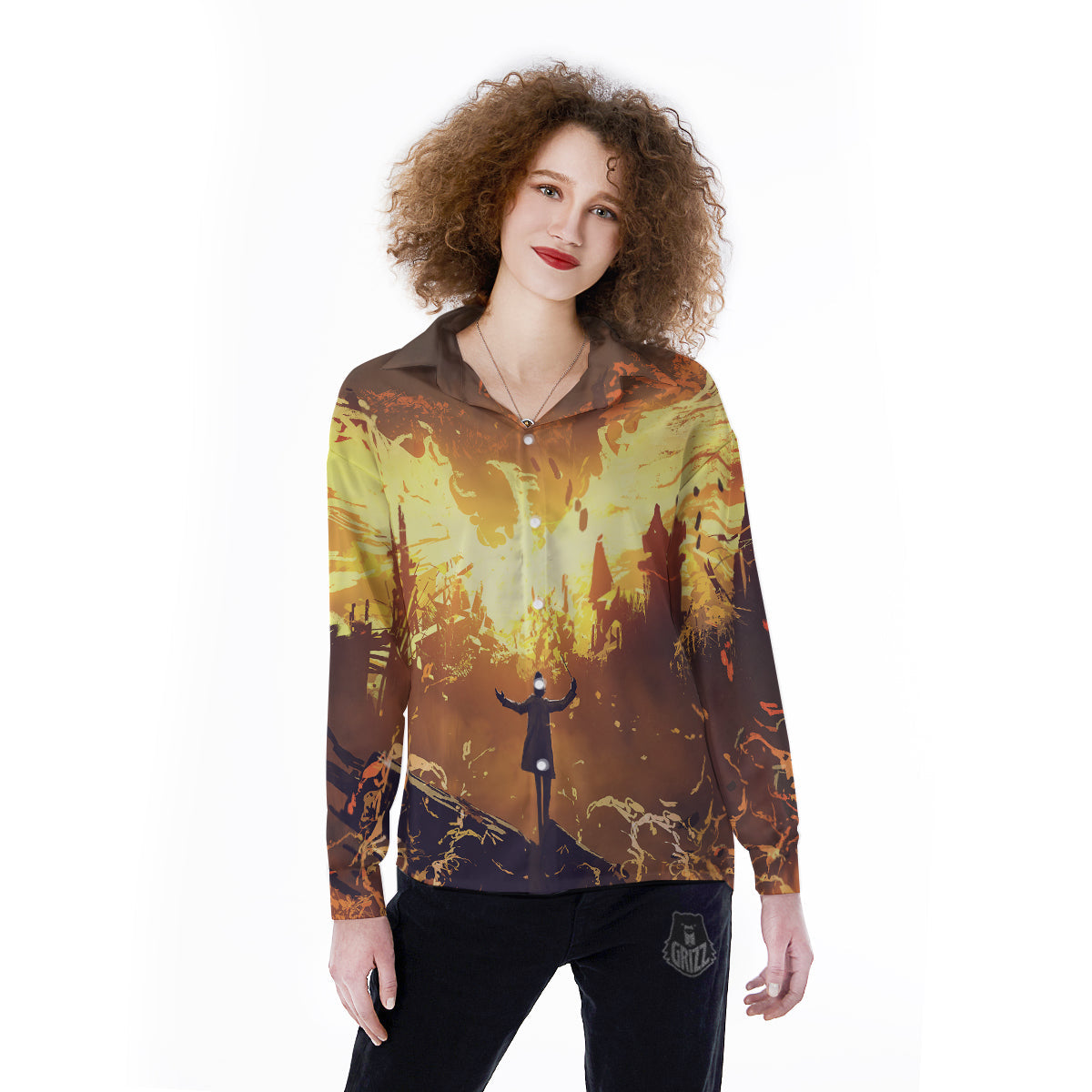 The Man And Phoenix Print Women's Long Sleeve Shirts-grizzshop