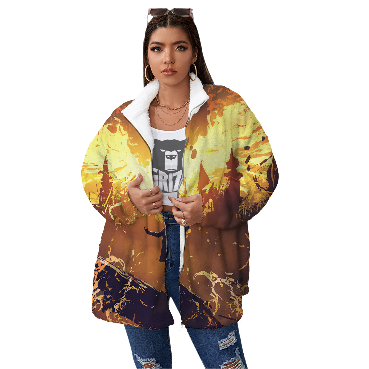 The Man And Phoenix Print Women's Sherpa Jacket-grizzshop