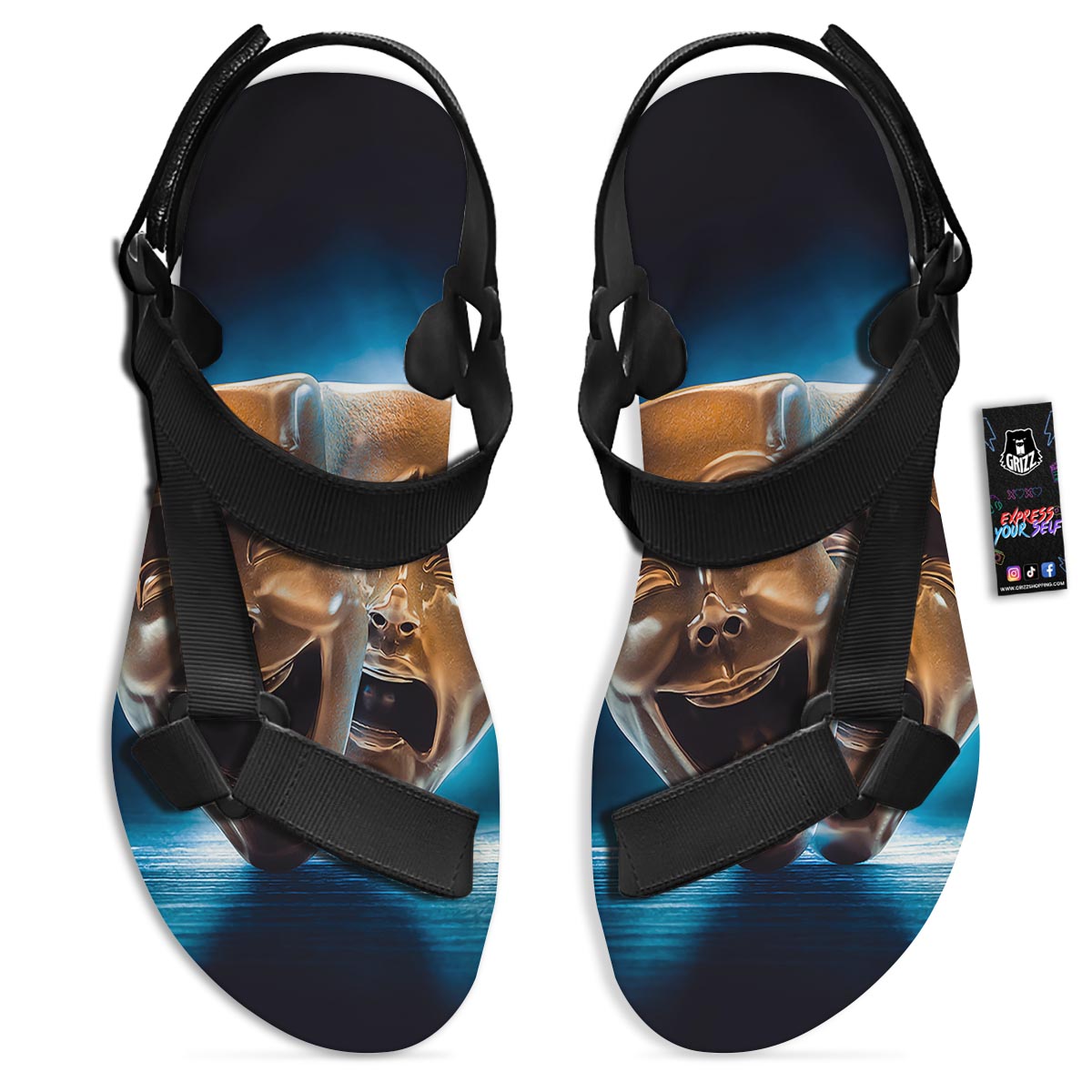 The Theatre Masks Sock And Buskin Black Open Toe Sandals-grizzshop