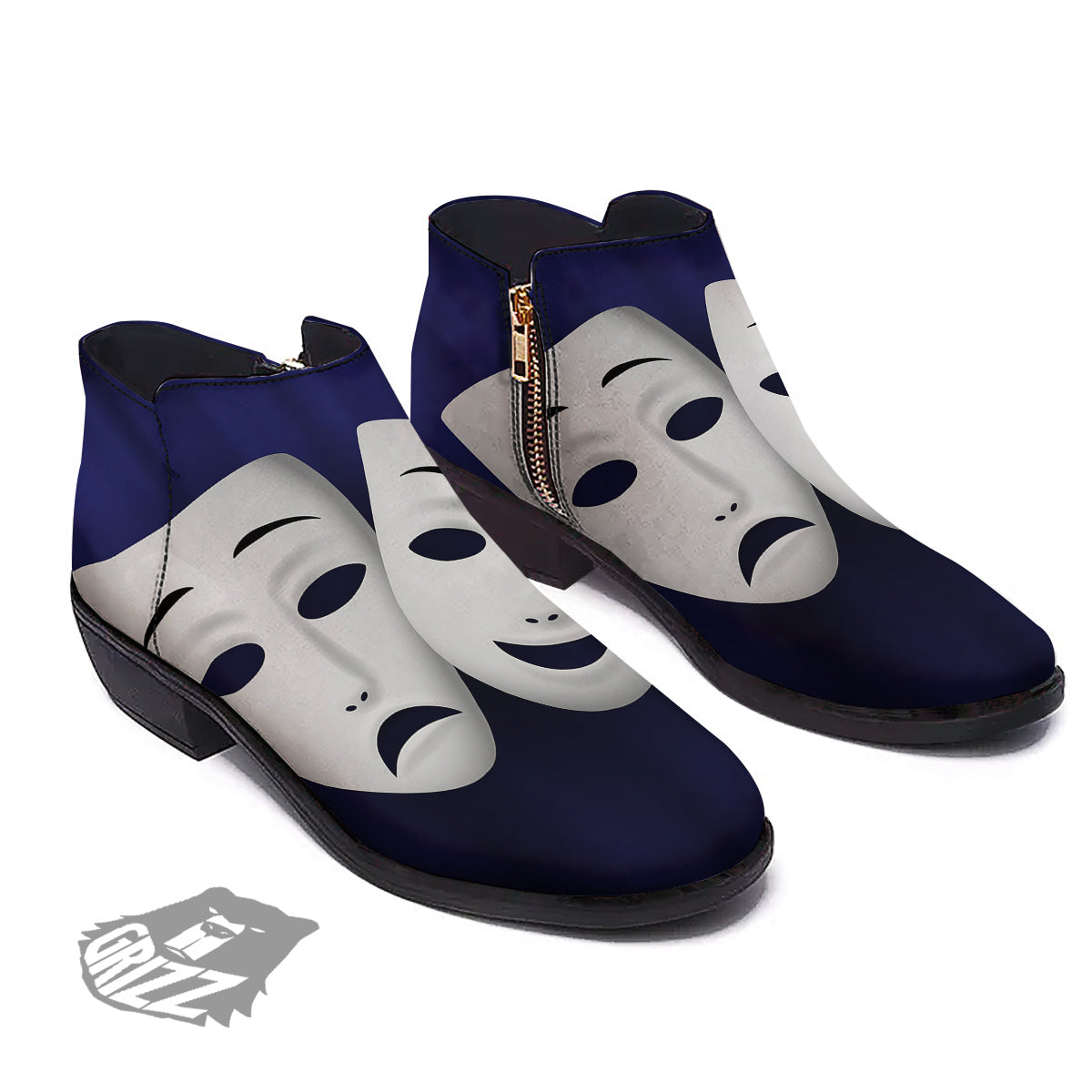 Theater Masks Tragedy And Comedy Print Ankle Boots-grizzshop