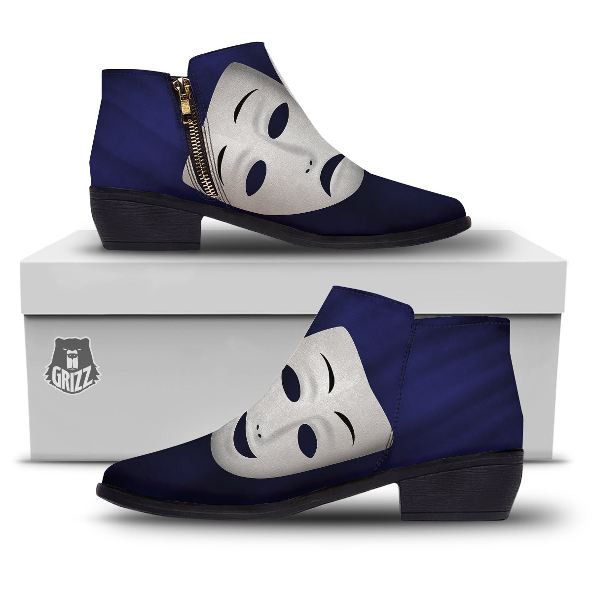 Theater Masks Tragedy And Comedy Print Ankle Boots-grizzshop