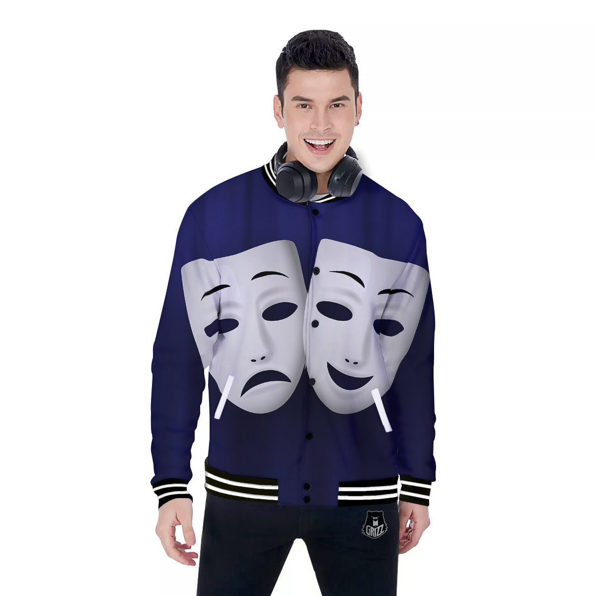 Theater Masks Tragedy And Comedy Print Baseball Jacket-grizzshop