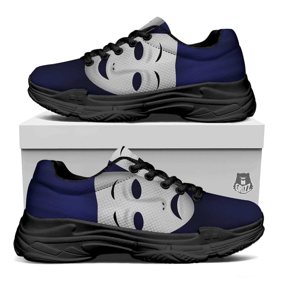Theater Masks Tragedy And Comedy Print Black Chunky Shoes-grizzshop