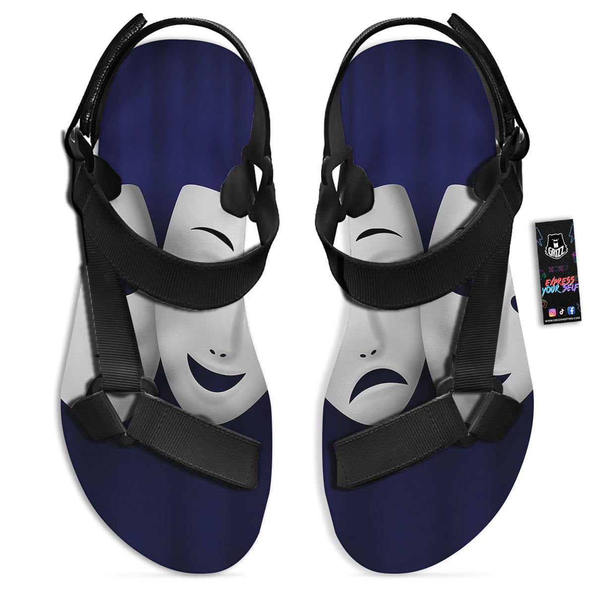 Theater Masks Tragedy And Comedy Print Black Open Toe Sandals-grizzshop