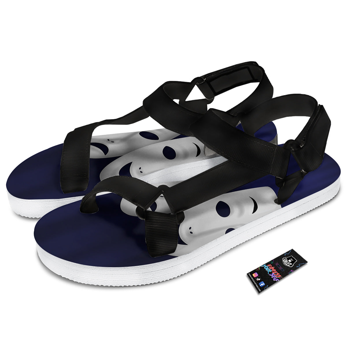 Theater Masks Tragedy And Comedy Print Black Open Toe Sandals-grizzshop