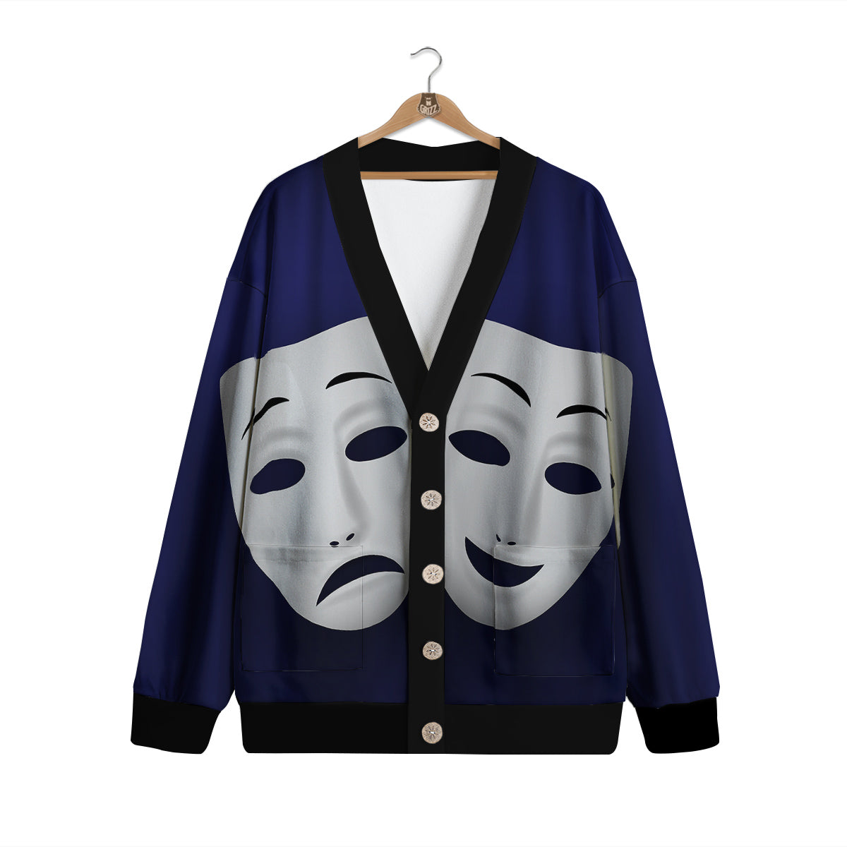 Theater Masks Tragedy And Comedy Print Cardigan-grizzshop